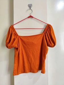 Orange Puff Sleeve Tie-Front Top