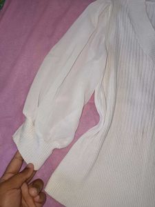 Chic White Knit Top with Sheer Sleeves