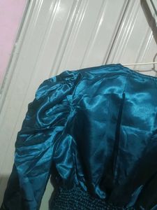 Teal Satin Puff Sleeve Top
