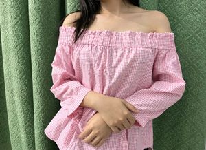 Pink Gingham Off-Shoulder Top