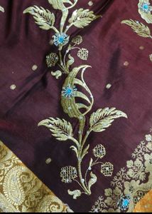Beautiful Maroon &amp; Yellow Embroidered Saree