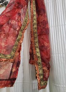 Organza Red Floral Embroidered Dupatta