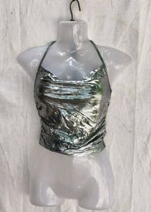 I. Metallic Halter Neck Crop Top