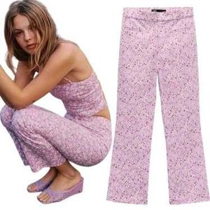 ZARA Lavender White Floral Flare Pants
