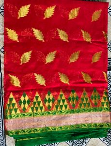 Red Saree with Golden Leaf Motif