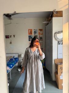 Grey V-Neck Embroidered Kurta