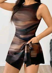 Abstract Print Sleeveless Romper with Tie