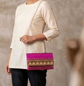 NEERUS Embellished Pink Clutch Bag with Chain