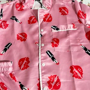 Pink Satin Pajama Set with Lips &amp; Lipstick Print