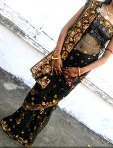 Net Black Saree With Golden Work