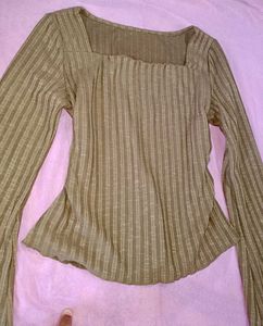 Olive Green Ribbed Bell Sleeve Top(savanna)