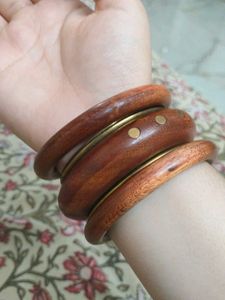 Wooden Bangle Set with Brass Accents