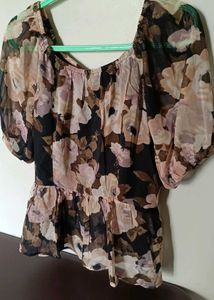 Floral Print Sheer Puff Sleeve Blouse