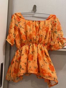 Orange Floral Puff Sleeve Top