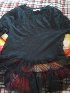 Zara Stylish Black Top with Tulle Overlay