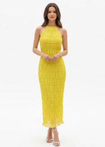 Newme Stunning Yellow Ruched Halter Neck Midi Dres