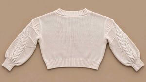 IVORY TEXTURED CABLE-KNIT CROPPED V-NECK SWEATER