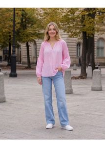 Chic Pink Long Sleeve V-Neck Blouse