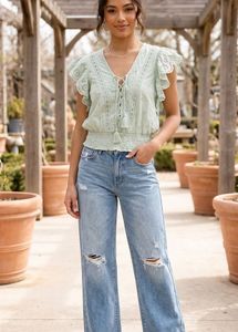 Light Green Eyelet Lace Up Top