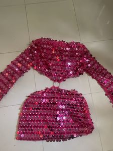 Pink Sequin Bell Sleeve Mini Dress