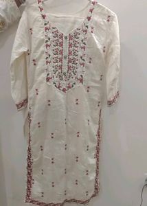 Cream Embroidered Kurta with Pink Dupatta