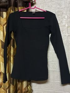 Chic Black Square Neck Long Sleeve Top