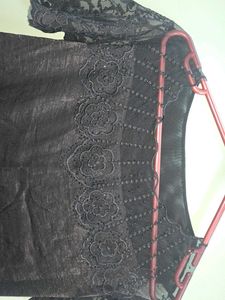 Chic Black Lace &amp; Embellished Sheer Neckline Top