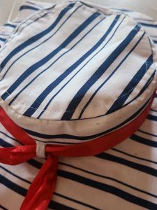 Striped Wide Brim Hat with Red Ribbon