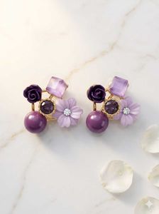 Elegant Purple Flower &amp; Pearl Earrings