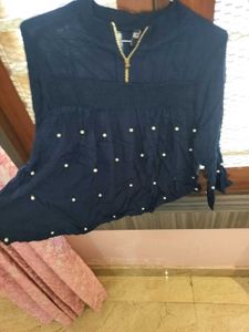 Chic Navy Blue Top with Pearl Accents