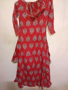 Red Printed Kurta with Drawstring Neck