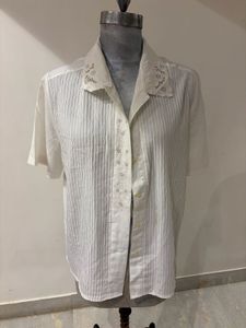 Elegant White Pleated Button-Down cottage core  Sh