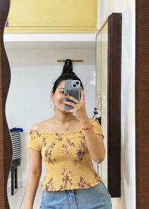 Yellow Floral Smocked Off-Shoulder Top