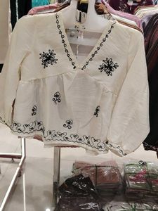 Embroidered White V-Neck Blouse