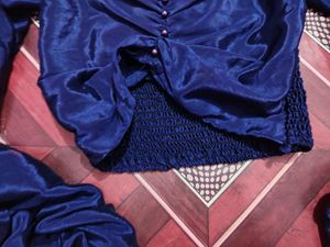 Chic Blue Ruched Puff Sleeve Top