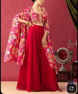 Dark pink printed silk jacket style plazzo suit