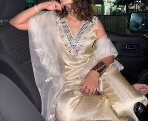 Elegant Beige Kurta Set with Mirror Work