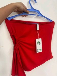 Chic Red Strapless Top with Drawstring Detail