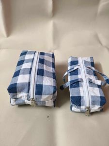 Set of 2 Blue &amp; White Gingham Pouches