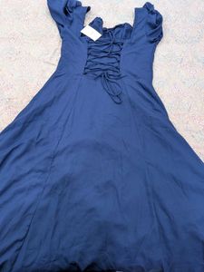 Navy Blue Puff Sleeve Midi Dress corset look