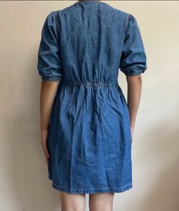 Denim Tie-Neck Puff Sleeve Dress