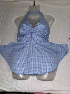 Blue Gingham Twist Halter Top