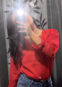 Chic Red V-Neck Sheer Sleeve Top