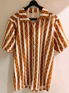 Men's Brown & Beige Geometric Striped Half Sleeve
