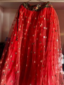 Lehenga Peach Color With Green Off Shoulder Blouse Fitting Margin Available