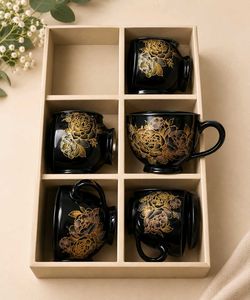 Set of 6 Black Floral Coffee Mugs