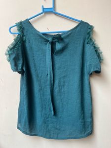 Teal Ruffle Cold Shoulder Cut Top