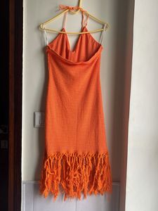 Vibrant Orange Fringed Midi Dress