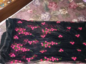 Elegant Black Saree with Pink Floral Embroidery
