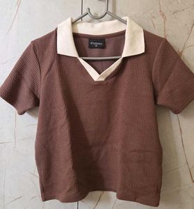 Brown Textured Collared Cropped Top
